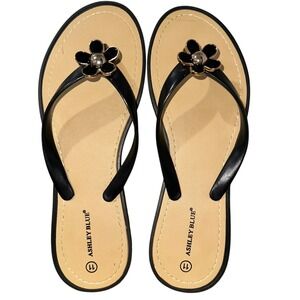 Ashley Blue Flip Flop Sandals Black Flower Thong Womens 11